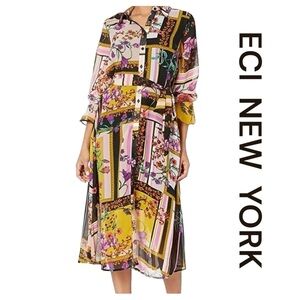 ECI NEW YORK Long Sleeve Floral Patchwork Print Midi Dress, Size 8.